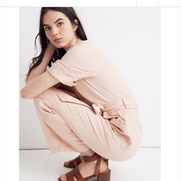 Madewell Top-Stitched Coverall Jumpsuit in Bashful Blush Pink - Picture 2 of 13